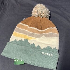 Orvis Cream and Brown Scenic Knit Hat with Pom-Pom
